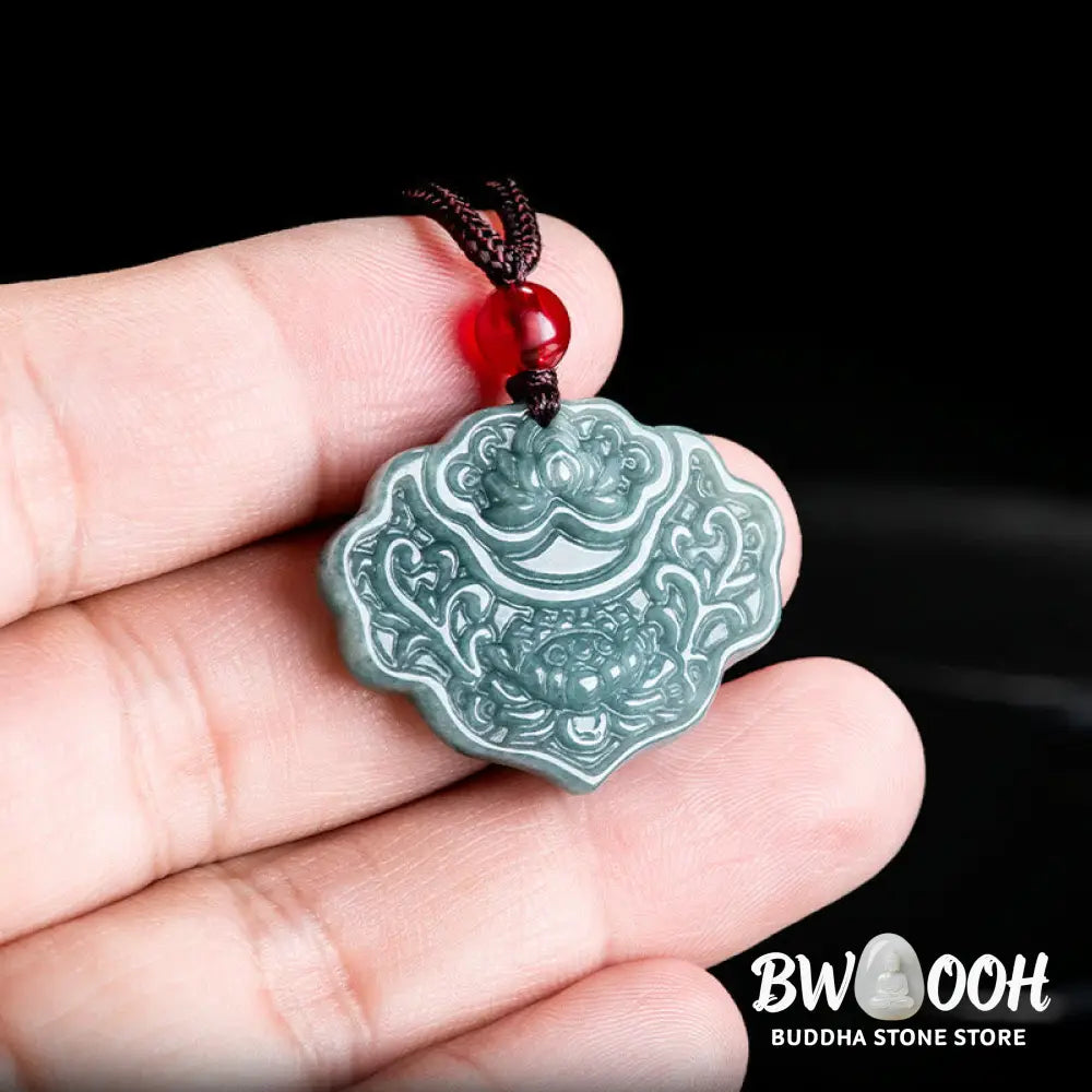 Buddha Stones Lotus Pattern Carved Jade Abundance Prosperity Necklace Rope Pendant - BWOOOH - Jade - Necklaces &amp;