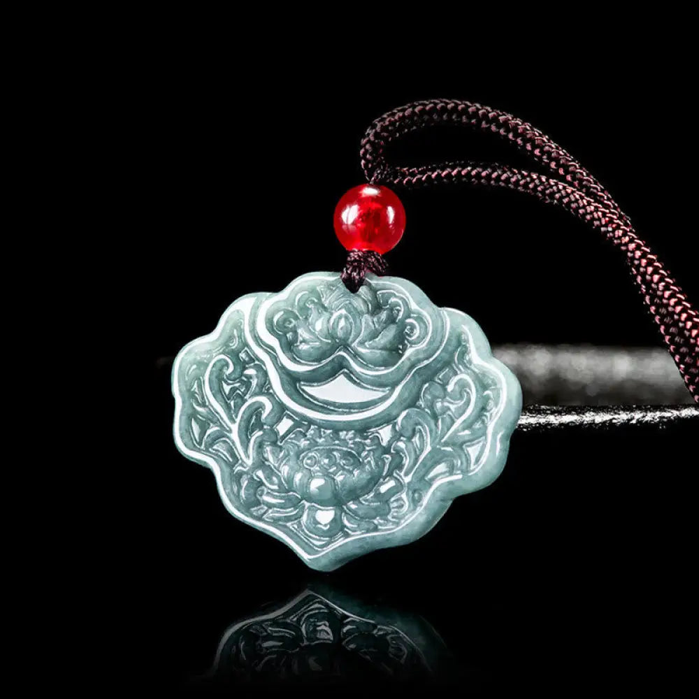 Buddha Stones Lotus Pattern Carved Jade Abundance Prosperity Necklace Rope Pendant - BWOOOH - Jade - Necklaces &
