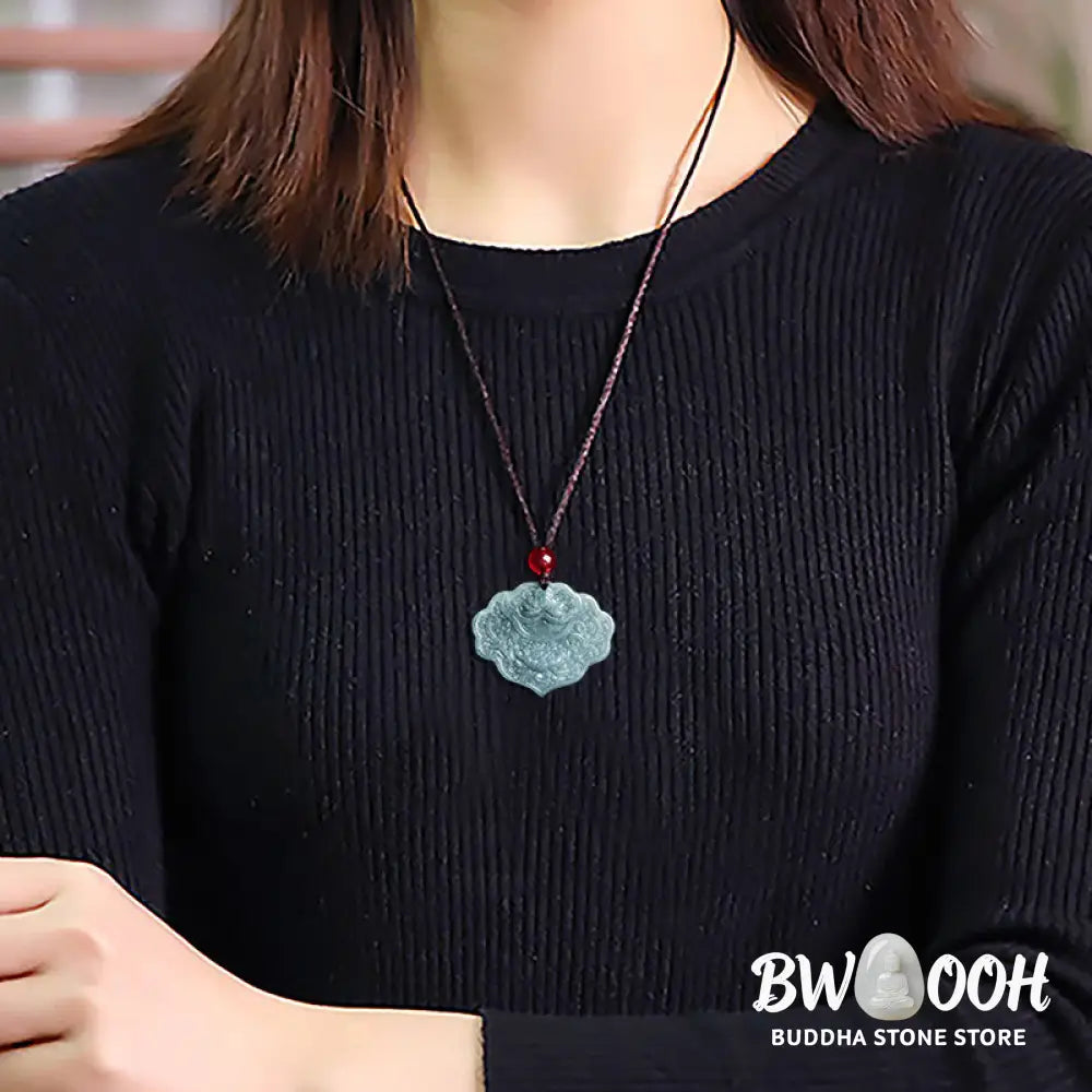 Buddha Stones Lotus Pattern Carved Jade Abundance Prosperity Necklace Rope Pendant - BWOOOH - Jade - Necklaces &amp;