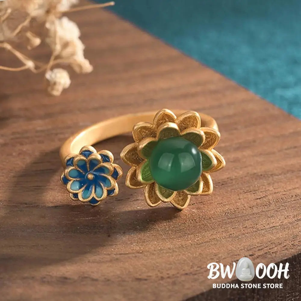 Buddha Stones Lotus Pattern Jade Abundance Adjustable Ring - BWOOOH - Jade - Rings