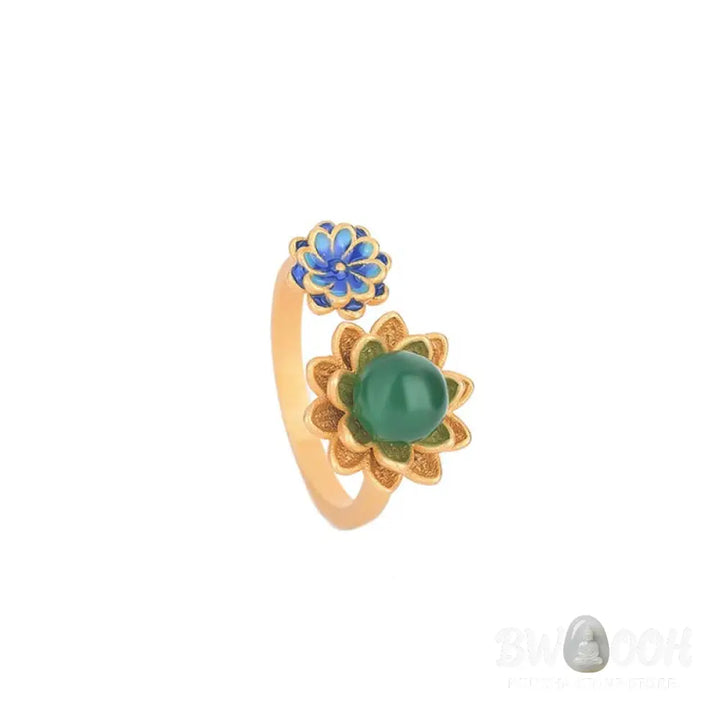 Buddha Stones Lotus Pattern Jade Abundance Adjustable Ring - BWOOOH - Jade - Rings