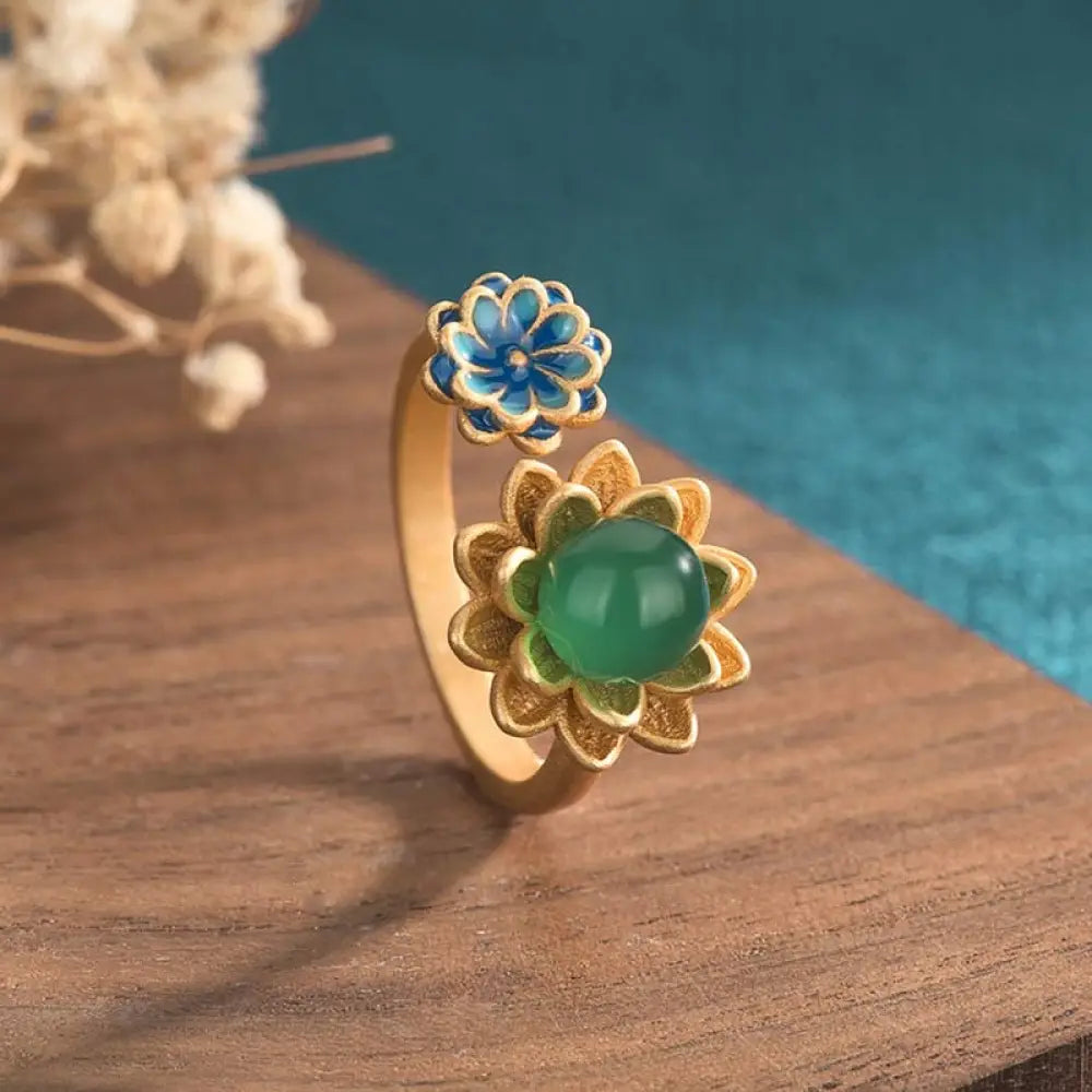 BWOOOH Lotus Pattern Jade Abundance Adjustable Ring — Jade jade bracelet for spiritual healing and mindful living