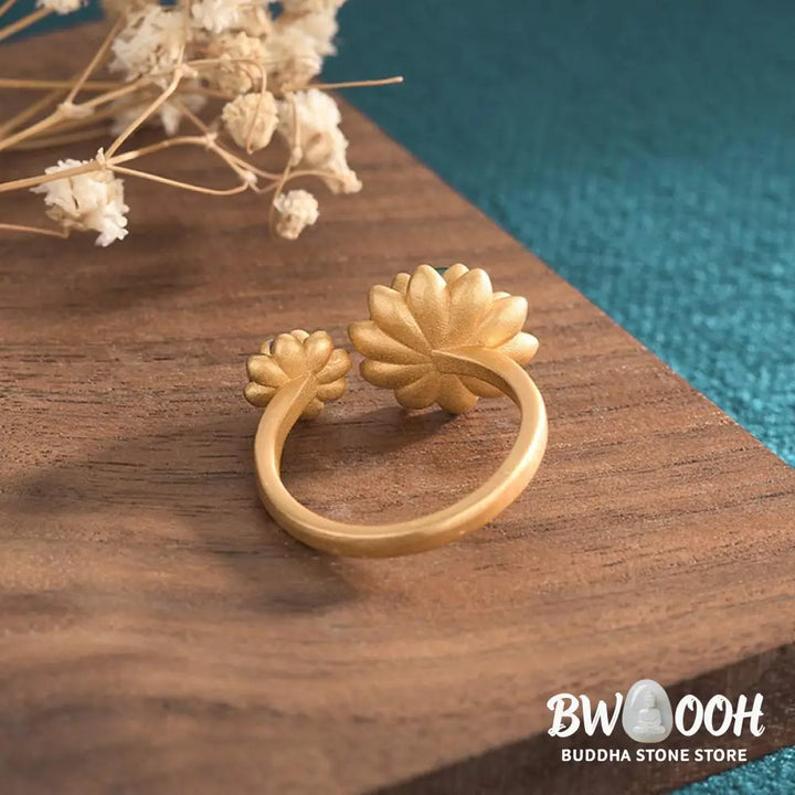 Buddha Stones Lotus Pattern Jade Abundance Adjustable Ring - BWOOOH - Jade - Rings