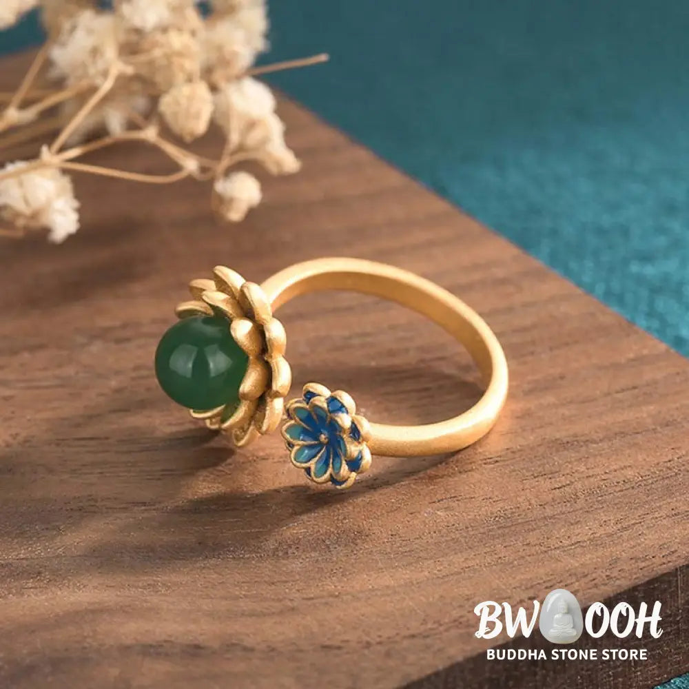 Buddha Stones Lotus Pattern Jade Abundance Adjustable Ring - BWOOOH - Jade - Rings
