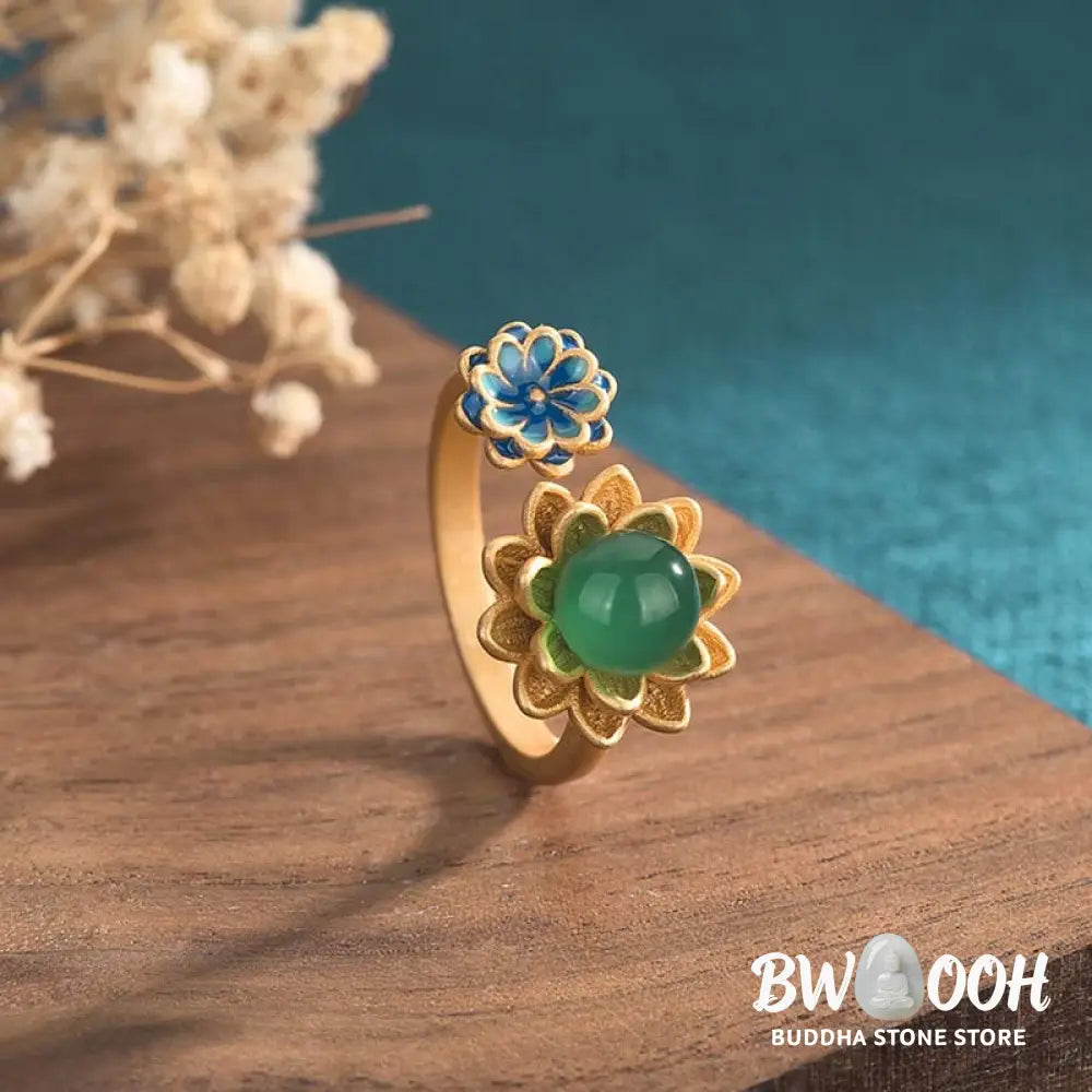Buddha Stones Lotus Pattern Jade Abundance Adjustable Ring - BWOOOH - Jade - Rings