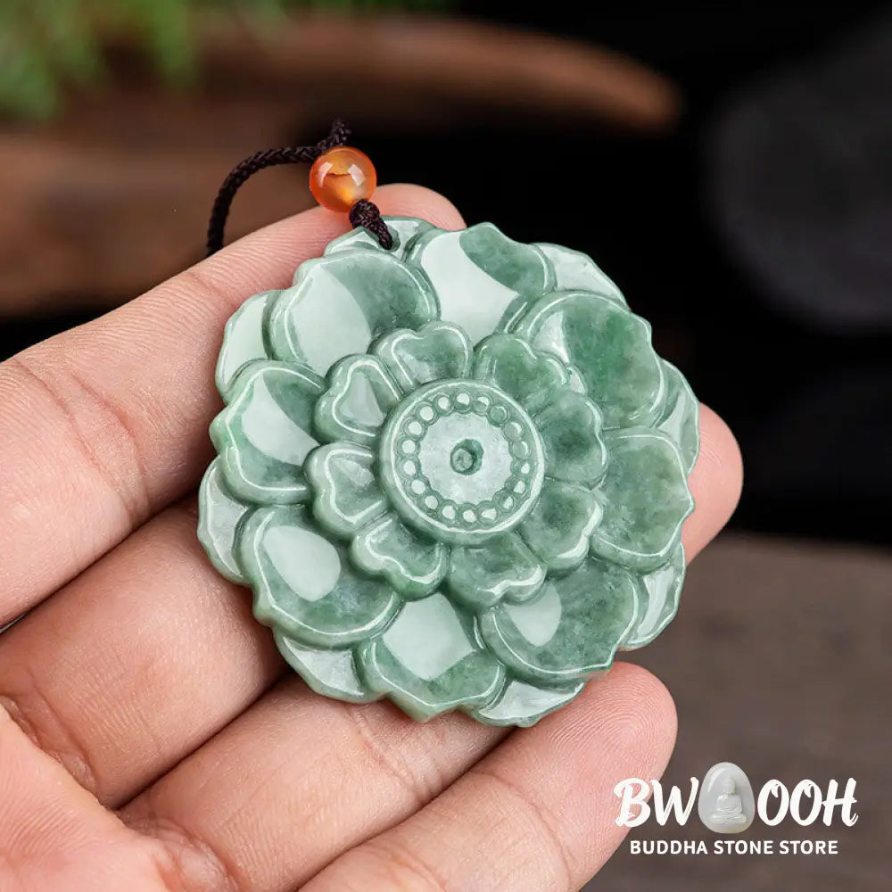 BWOOOH hand-carved vibrant green jade lotus pattern prosperity necklace pendant, symbolizing luck, abundance, and new beginnings on an adjustable string for spiritual wellness. - View 4