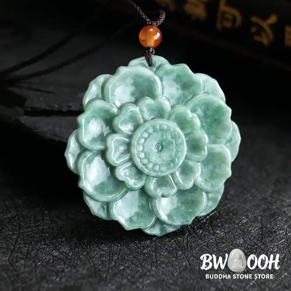BWOOOH hand-carved vibrant green jade lotus pattern prosperity necklace pendant, symbolizing luck, abundance, and new beginnings on an adjustable string for spiritual wellness. - View 6