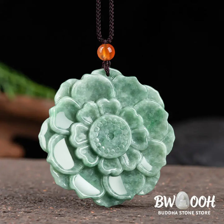 BWOOOH hand-carved vibrant green jade lotus pattern prosperity necklace pendant, symbolizing luck, abundance, and new beginnings on an adjustable string for spiritual wellness. - View 5