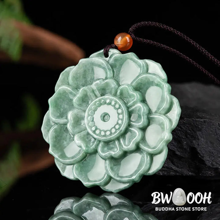 BWOOOH hand-carved vibrant green jade lotus pattern prosperity necklace pendant, symbolizing luck, abundance, and new beginnings on an adjustable string for spiritual wellness. - View 2