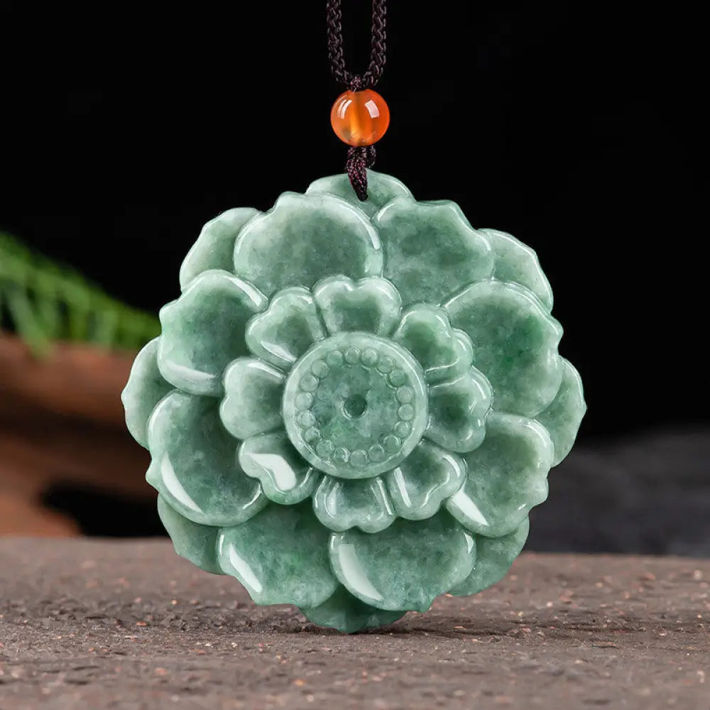 BWOOOH hand-carved vibrant green jade lotus pattern prosperity necklace pendant, symbolizing luck, abundance, and new beginnings on an adjustable string for spiritual wellness.