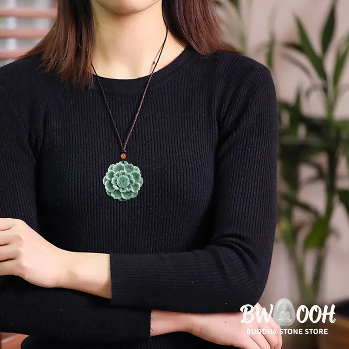BWOOOH hand-carved vibrant green jade lotus pattern prosperity necklace pendant, symbolizing luck, abundance, and new beginnings on an adjustable string for spiritual wellness. - View 3
