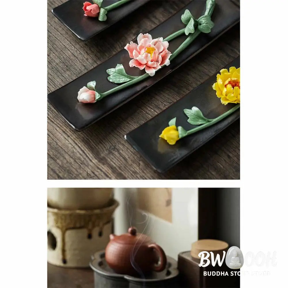 BWOOOH Lotus Peony Rose Flower Ceramic Spiritual Incense Burner - Incense Burner