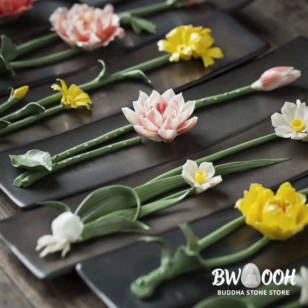 BWOOOH Lotus Peony Rose Flower Ceramic Spiritual Incense Burner - Incense Burner