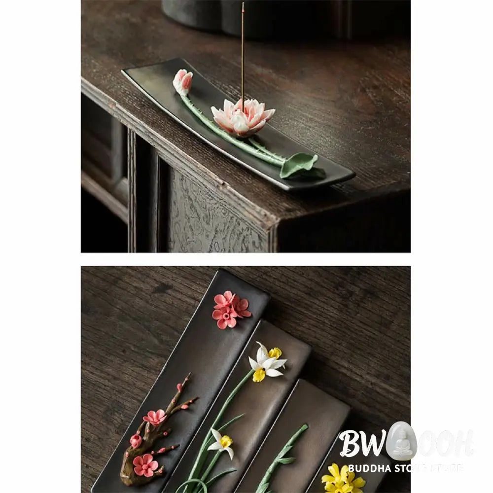 BWOOOH Lotus Peony Rose Flower Ceramic Spiritual Incense Burner - Incense Burner