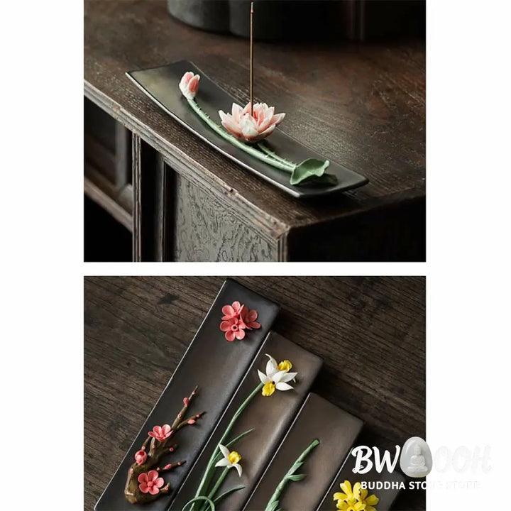 BWOOOH Lotus Peony Rose Flower Ceramic Spiritual Incense Burner - Incense Burner