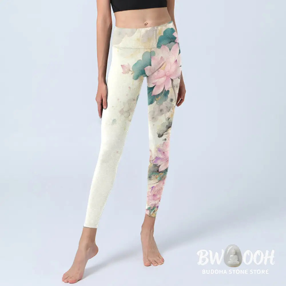 BWOOOH lotus print yoga leggings - Lotus Petals Leaves Pattern Print Gym Le