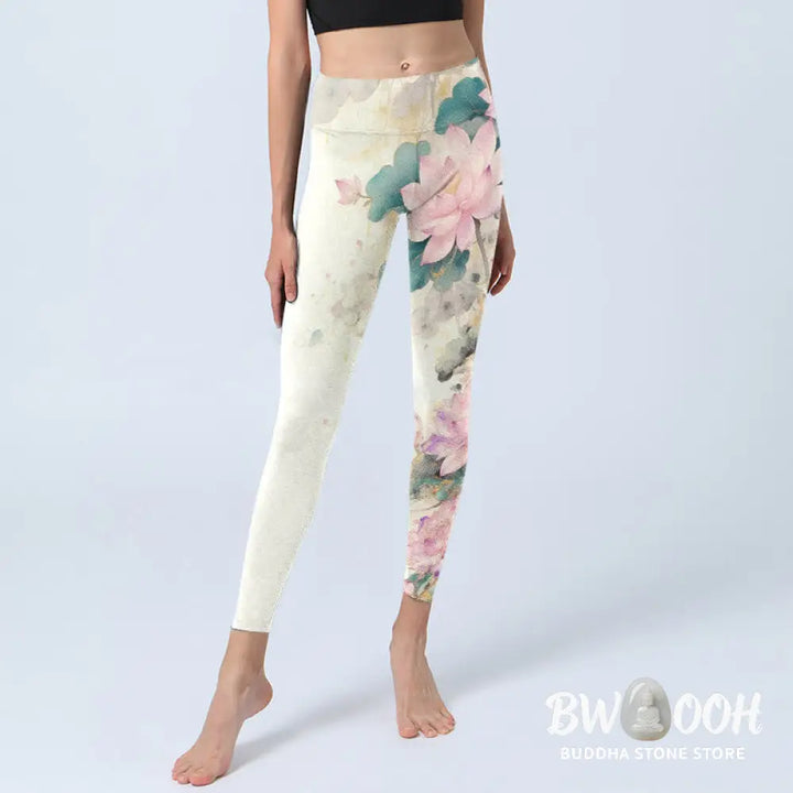 BWOOOH lotus print yoga leggings - Lotus Petals Leaves Pattern Print Gym Le