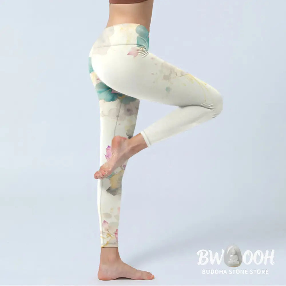 BWOOOH lotus print yoga leggings - Lotus Petals Leaves Pattern Print Gym Le