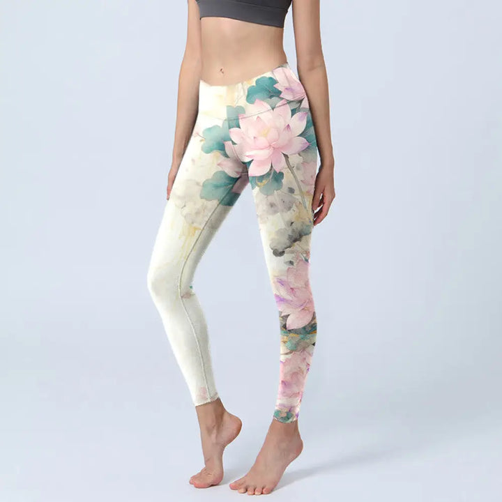 BWOOOH lotus print yoga leggings - Lotus Petals Leaves Pattern Print Gym Le