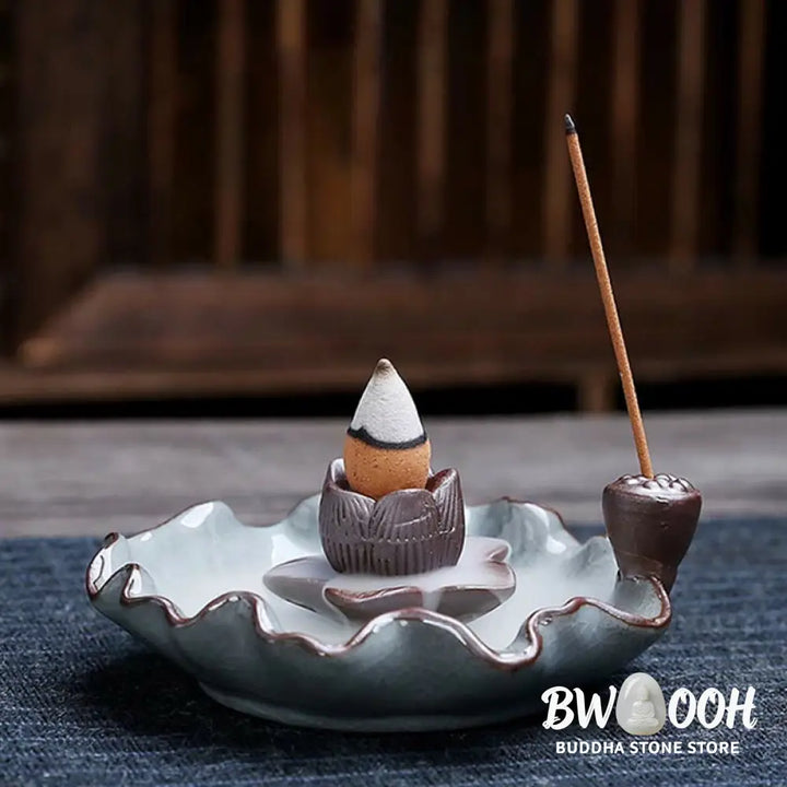 BWOOOH Lotus Plum Blossom Square Ceramic Spiritual Backflow Incense Burner - Lotus - Incense Burner