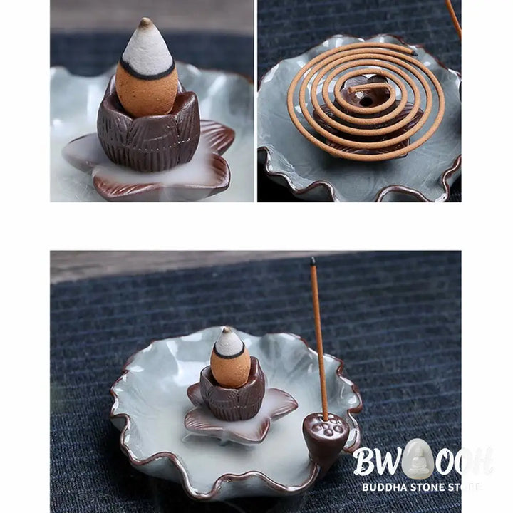 BWOOOH Lotus Plum Blossom Square Ceramic Spiritual Backflow Incense Burner - Lotus - Incense Burner