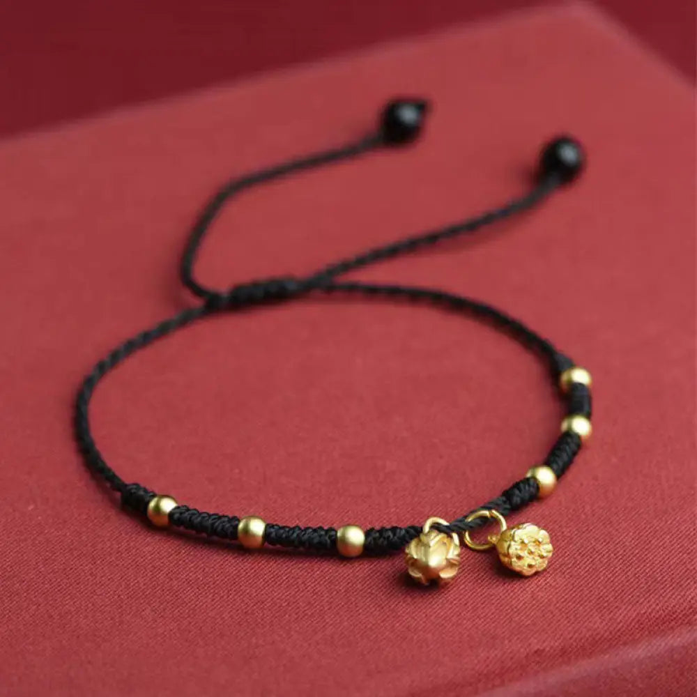 Buddha Stones Lotus Pod Charm Luck String Rope Anklet - Black Anklet(Circumference 30cm) - Anklet