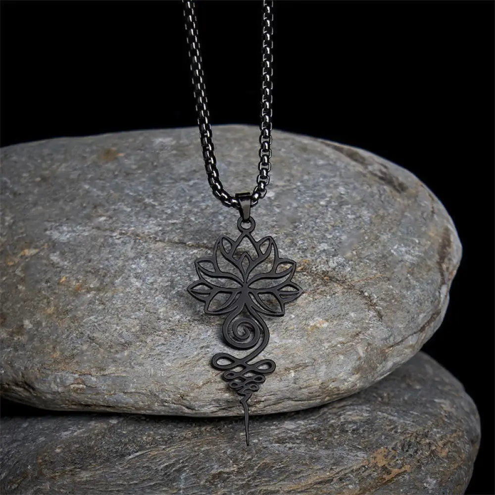 Buddha Stones Lotus Unalome Chakra Symbol Design Stainless Steel Enlightenment Necklace Pendant - BWOOOH - Black