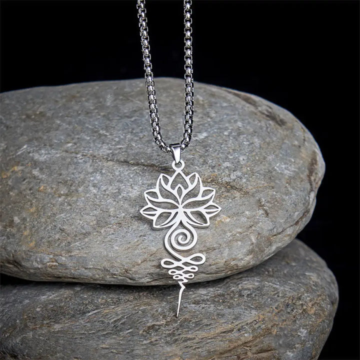 Buddha Stones Lotus Unalome Chakra Symbol Design Stainless Steel Enlightenment Necklace Pendant - BWOOOH - Silver
