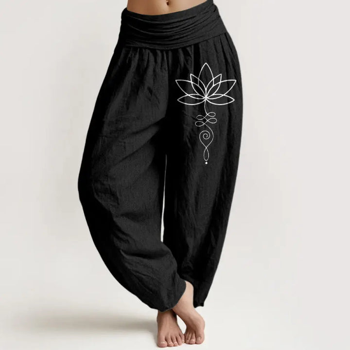 Buddha Stones Lotus Unalome Symbol Pattern Women’s Elastic Waist Harem Pure Cotton Pants - Black / US2，UK/AU6，EU34 (XS)