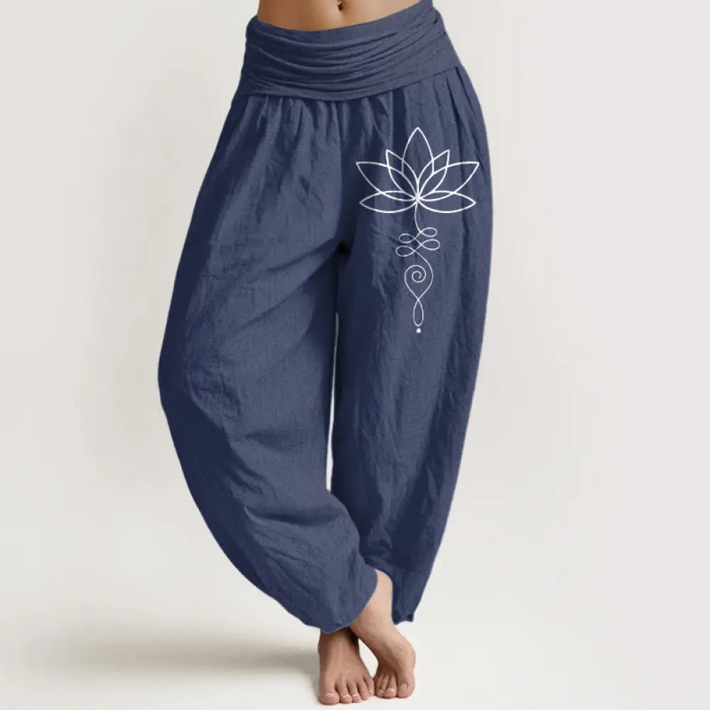 Buddha Stones Lotus Unalome Symbol Pattern Women’s Elastic Waist Harem Pure Cotton Pants - DarkSlateBlue