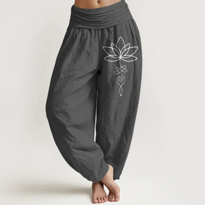 Buddha Stones Lotus Unalome Symbol Pattern Women’s Elastic Waist Harem Pure Cotton Pants - DimGray / US2，UK/AU6，EU34