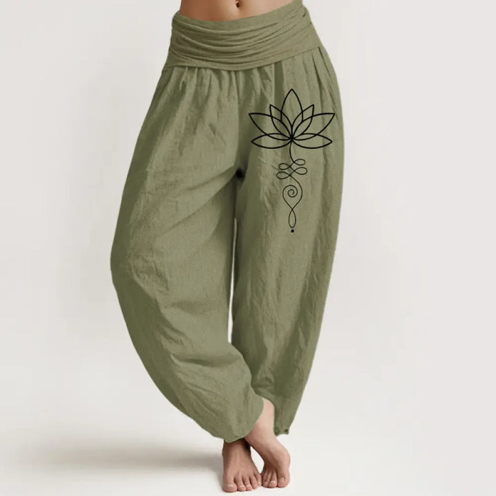 Buddha Stones Lotus Unalome Symbol Pattern Women’s Elastic Waist Harem Pure Cotton Pants - OliveDrab / US2，UK/AU6，EU34