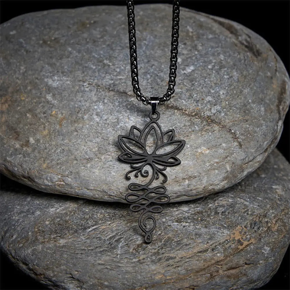 Buddha Stones Lotus Vines Design Chakra Symbol Stainless Steel Enlightenment Necklace Pendant - BWOOOH - Black