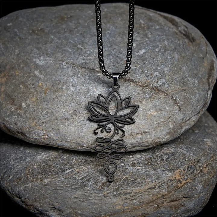 Buddha Stones Lotus Vines Design Chakra Symbol Stainless Steel Enlightenment Necklace Pendant - BWOOOH - Black