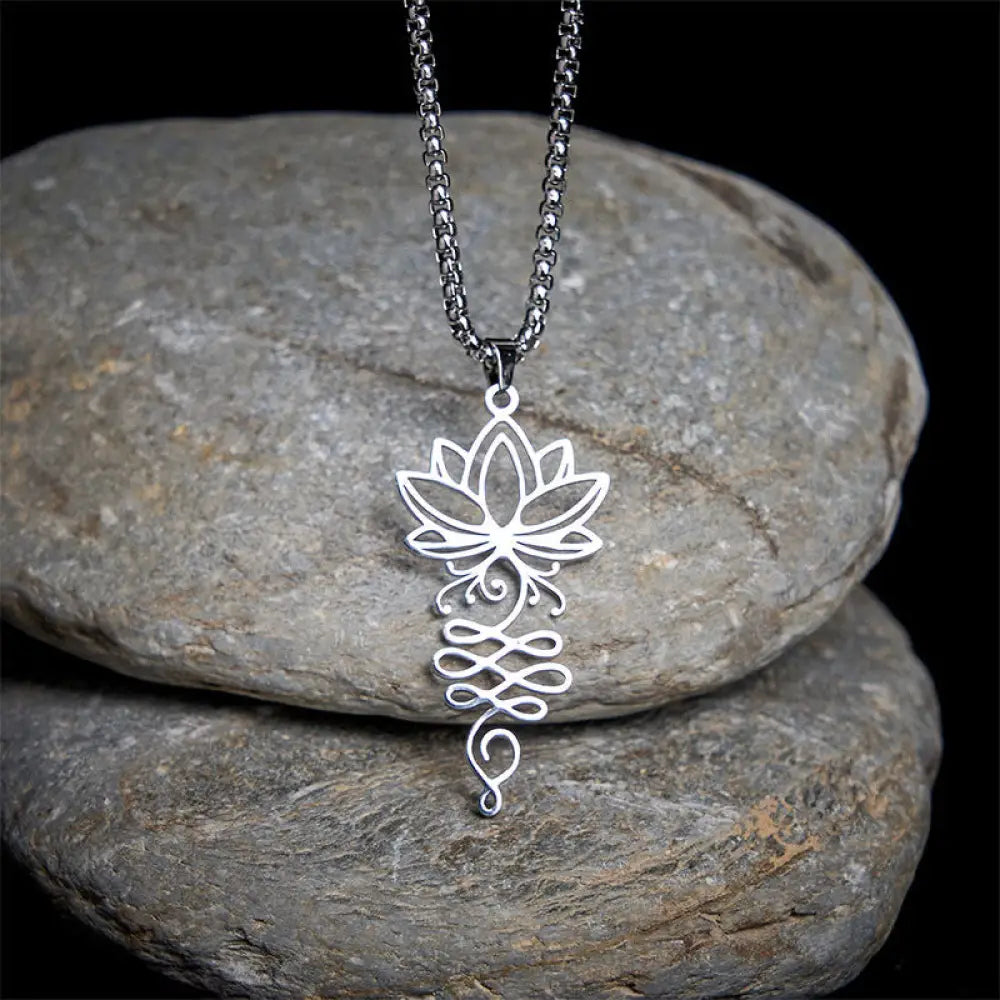 Buddha Stones Lotus Vines Design Chakra Symbol Stainless Steel Enlightenment Necklace Pendant - BWOOOH - Silver