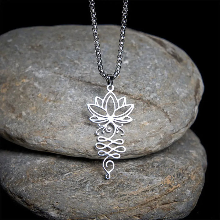 Buddha Stones Lotus Vines Design Chakra Symbol Stainless Steel Enlightenment Necklace Pendant - BWOOOH - Silver