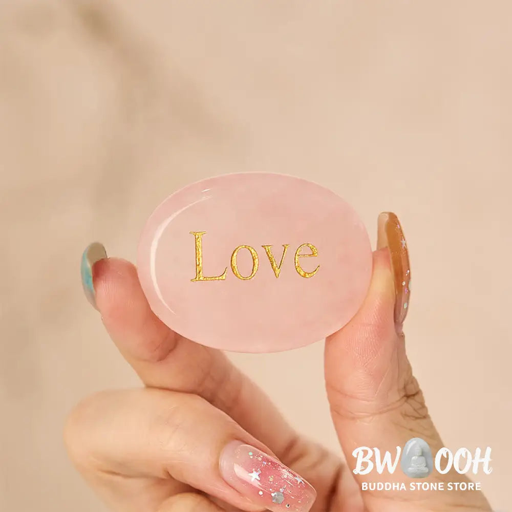 Buddha Stones LOVE Engraved Natural Rose Quartz Palm Stone Healing Crystal Decor - Rose Quartz 4-4.5*3-3.5cm - Crystal