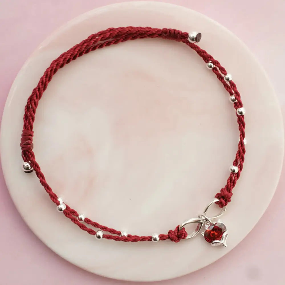 Buddha Stones Love Heart Infinity Symbol Braided String Anklet - Dark Red Anklet - Anklet