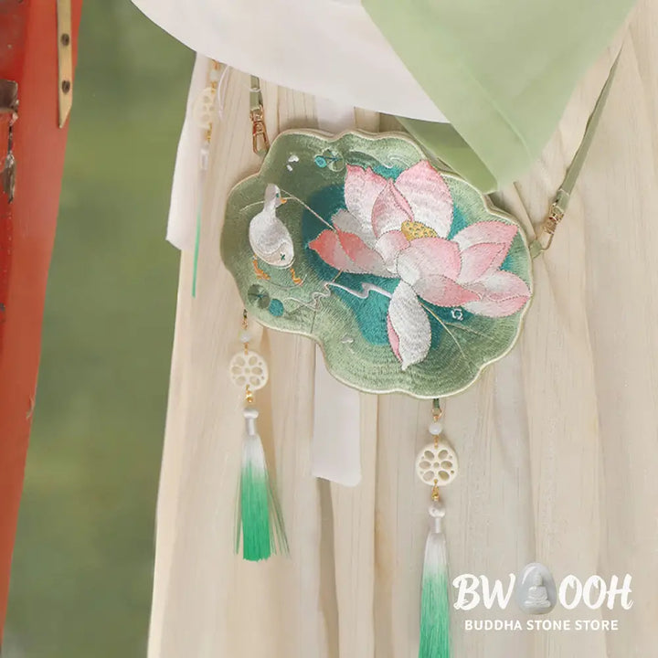 Buddha Stones Luck Embroidery Lotus Koi Fish Rabbit Flower Hanfu Bag Crossbody Bag Shoulder Bag - Bag