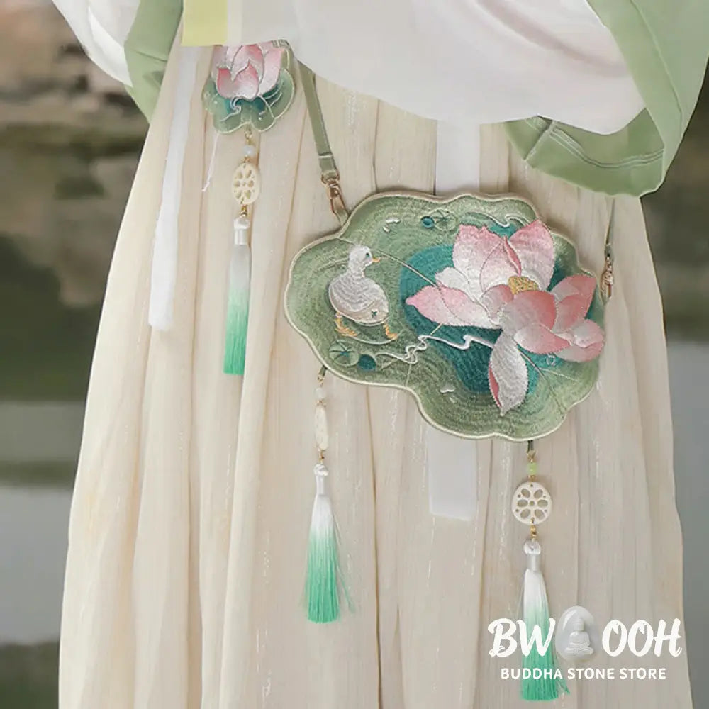Buddha Stones Luck Embroidery Lotus Koi Fish Rabbit Flower Hanfu Bag Crossbody Bag Shoulder Bag - Bag