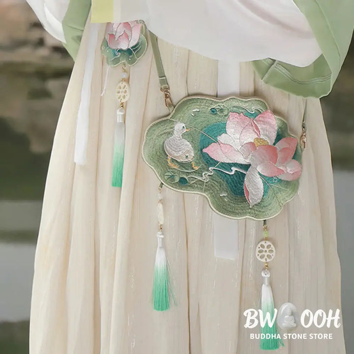 Buddha Stones Luck Embroidery Lotus Koi Fish Rabbit Flower Hanfu Bag Crossbody Bag Shoulder Bag - Bag