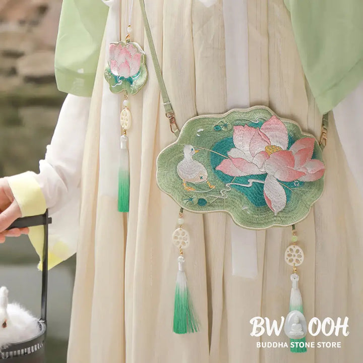 Buddha Stones Luck Embroidery Lotus Koi Fish Rabbit Flower Hanfu Bag Crossbody Bag Shoulder Bag - Bag