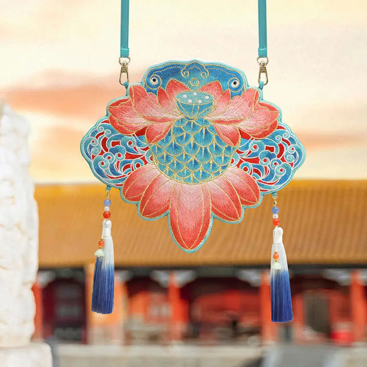 Buddha Stones Luck Embroidery Lotus Koi Fish Rabbit Flower Hanfu Bag Crossbody Bag Shoulder Bag - Koi Fish Lotus - Bag