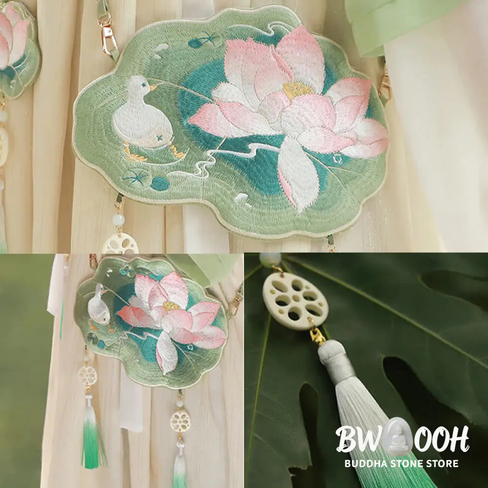 Buddha Stones Luck Embroidery Lotus Koi Fish Rabbit Flower Hanfu Bag Crossbody Bag Shoulder Bag - Bag