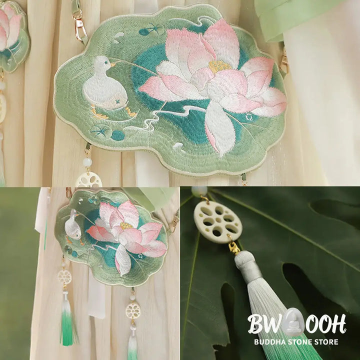 Buddha Stones Luck Embroidery Lotus Koi Fish Rabbit Flower Hanfu Bag Crossbody Bag Shoulder Bag - Bag