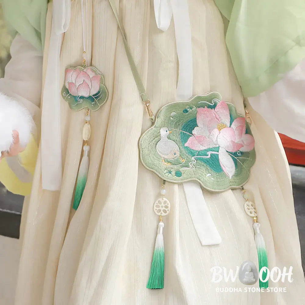 Buddha Stones Luck Embroidery Lotus Koi Fish Rabbit Flower Hanfu Bag Crossbody Bag Shoulder Bag - Bag
