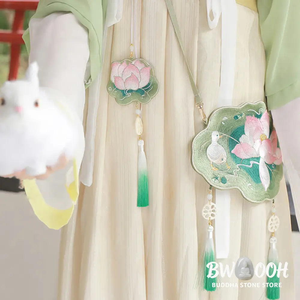 Buddha Stones Luck Embroidery Lotus Koi Fish Rabbit Flower Hanfu Bag Crossbody Bag Shoulder Bag - Bag