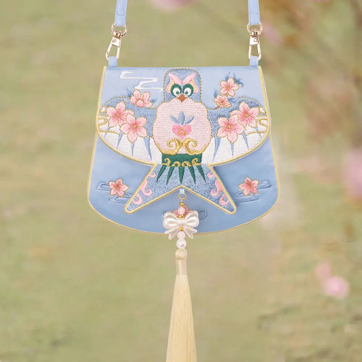 Buddha Stones Luck Embroidery Lotus Koi Fish Rabbit Flower Hanfu Bag Crossbody Bag Shoulder Bag - Blue Kite Flower - Bag