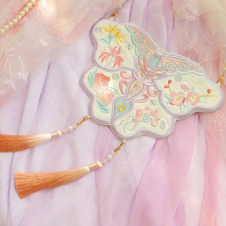 Buddha Stones Luck Embroidery Lotus Koi Fish Rabbit Flower Hanfu Bag Crossbody Bag Shoulder Bag - Butterfly Flower - Bag