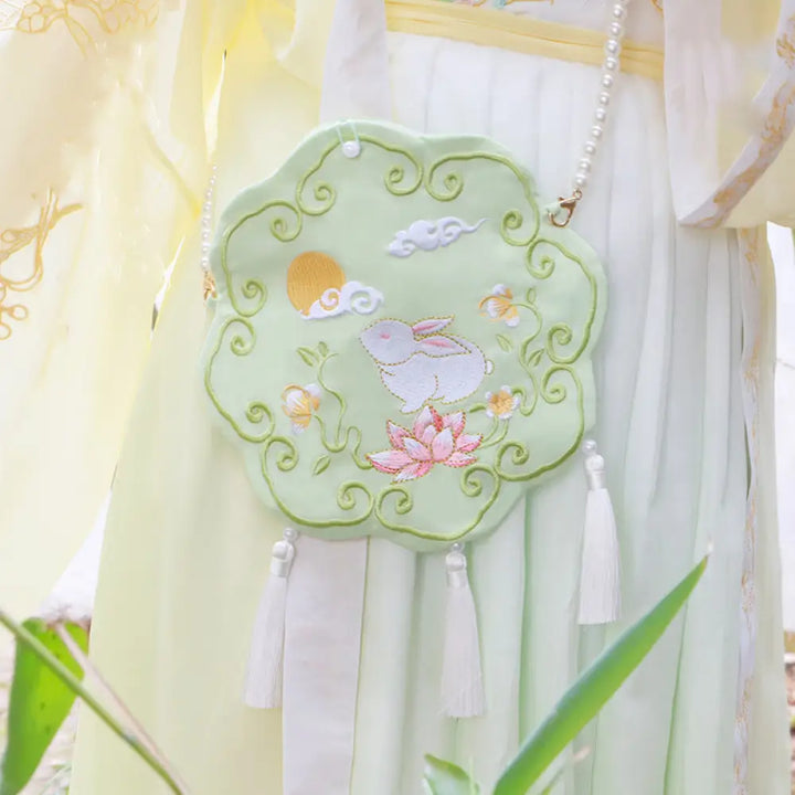 Buddha Stones Luck Embroidery Lotus Koi Fish Rabbit Flower Hanfu Bag Crossbody Bag Shoulder Bag - Green Flower Rabbit